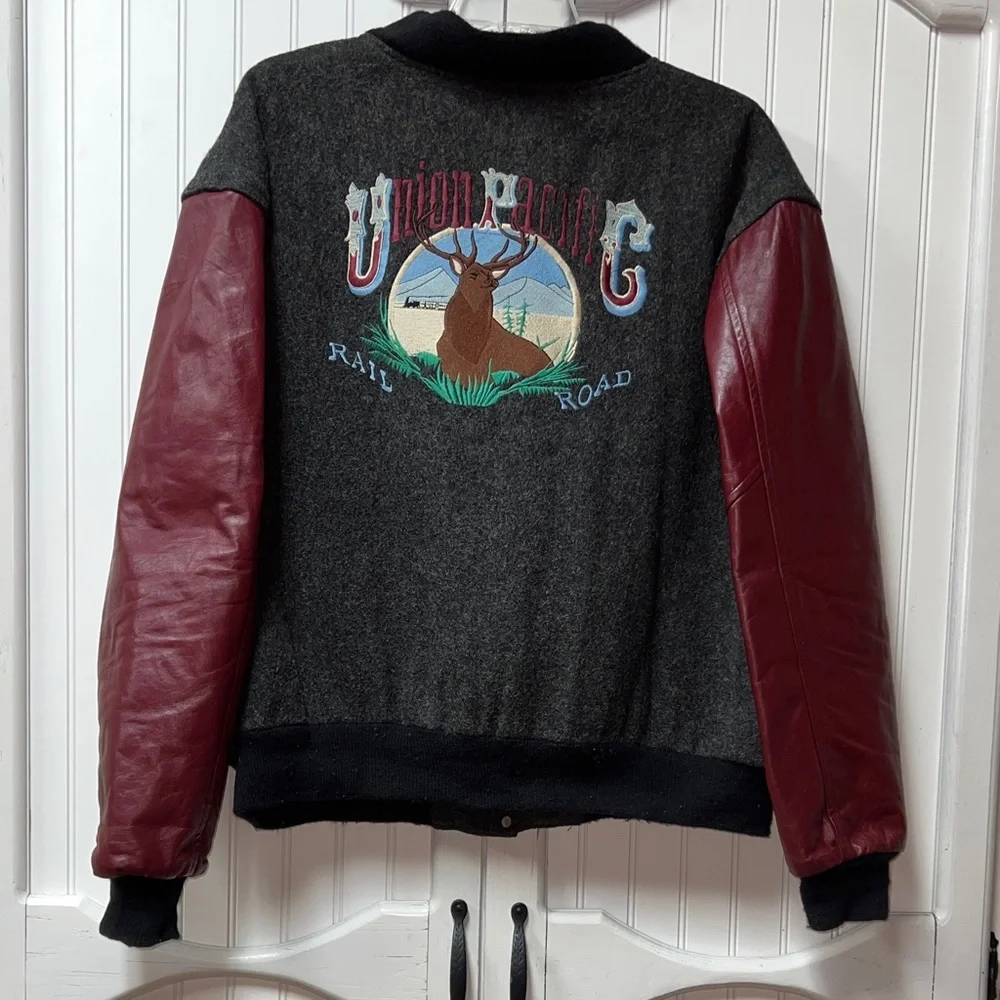 90s Union Pacific Railroad Letterman Varsity Jacket XXL Vintage Leather - Picture 1 of 7